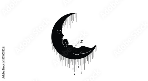 Serene crescent moon cradles a sleeping figure, with a gentle, dreamy drip effect.
