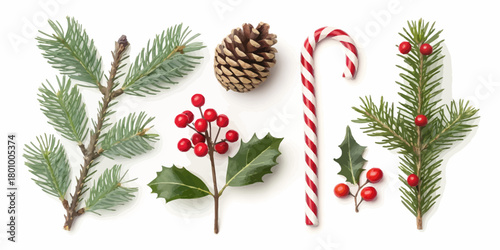 Vector  christmas  christmas arrangement with pine cone candy cane and berry sprigs
