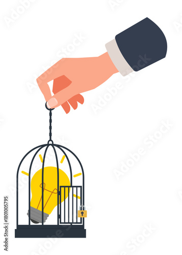 Light bulb of idea locked in a cage stock illustration