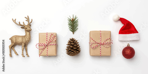 Vector  christmas  festive christmas arrangement with gifts and santa hat on white background