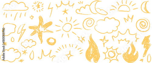 Collection of handdrawn weather and celestial icons isolated on white background