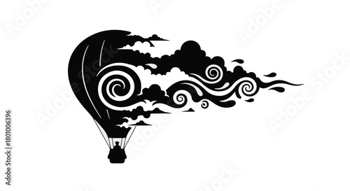 Whimsical hot air balloon silhouette dissolving into swirling smoke and clouds