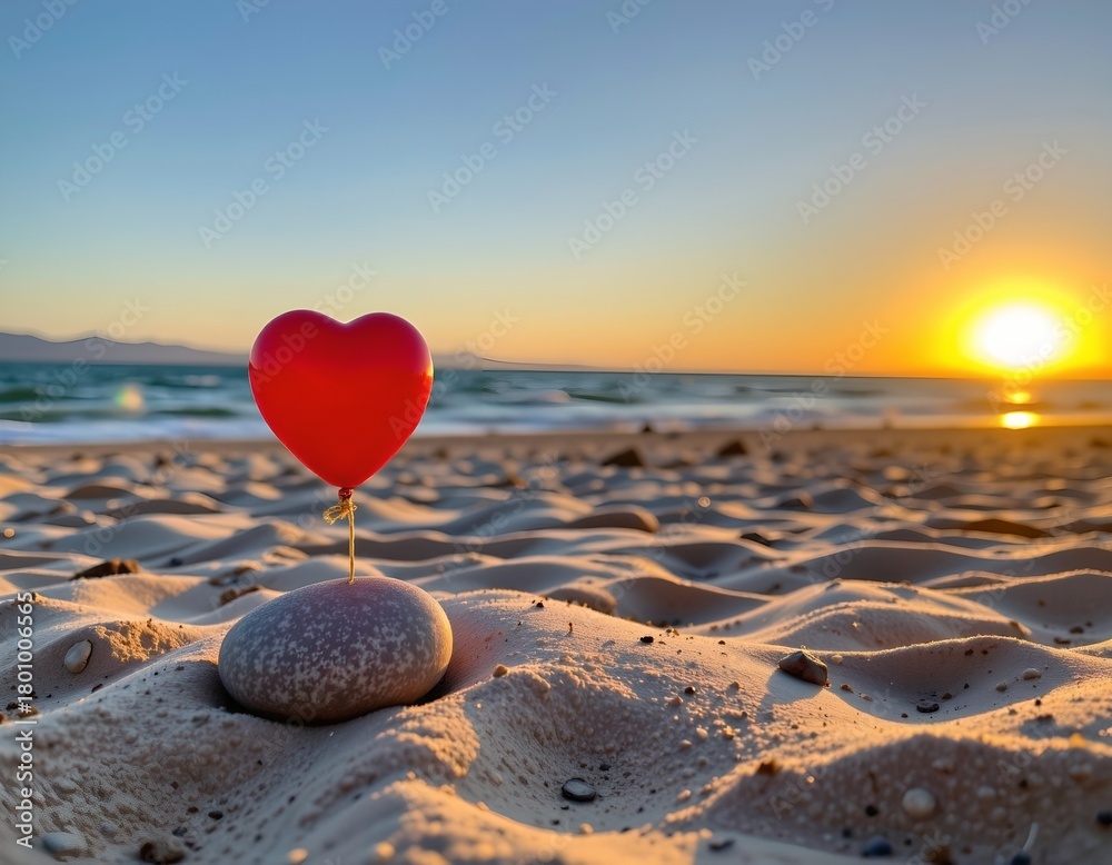 Fototapeta premium Solitary Gray Stone with Red Heart Balloon Sunset