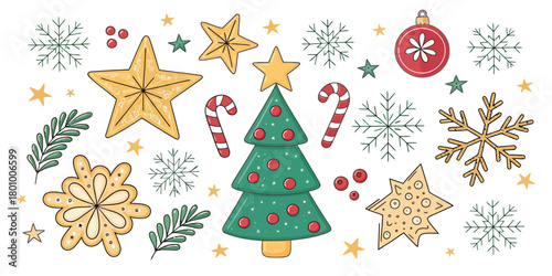 Vector  christmas  illustration of christmas elements including tree stars and candy