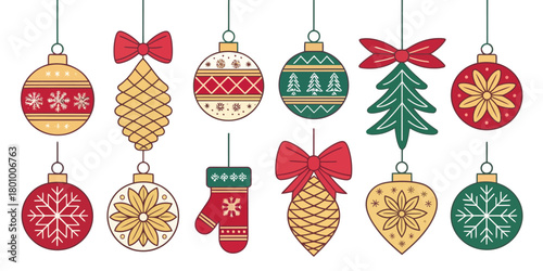 Vector  christmas  collection of assorted christmas ornaments hanging from above string