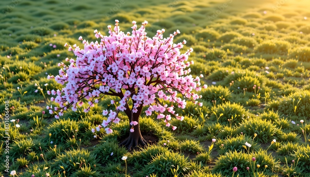 Obraz premium Aerial View Blooming Cherry Tree Sunrise