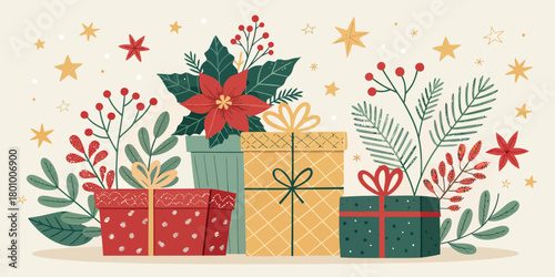 Vector  christmas  festive christmas gifts with floral arrangements and star accents