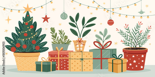 Vector  christmas  christmas plants with gifts and string lights holiday celebration