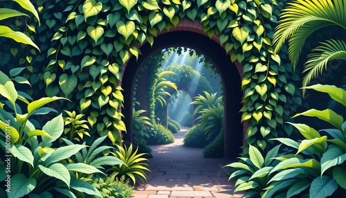 Tranquil Garden with Lush Vine Archway and Pathway