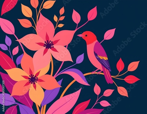 Abstract Floral Illustration with Bold Coral and Magenta Tones