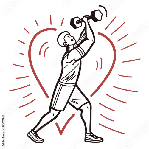 Man lifting dumbbell over head with heart and rays isolated on