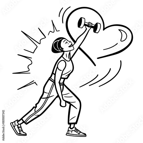 Woman lifting dumbbell over head with heart and rays isolated on