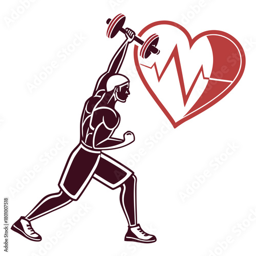 Strong man lifting dumbbell with heart background isolated on