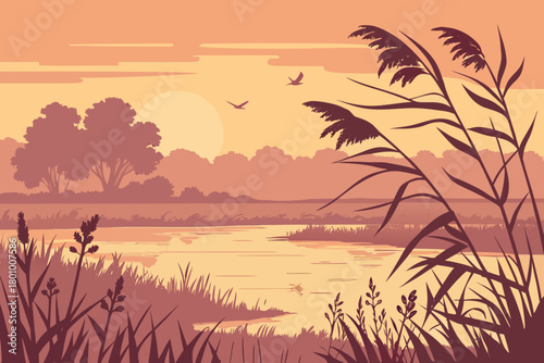 Realistic sunrise over calm wetlands, detailed reed silhouettes, soft water reflections, warm natural haze