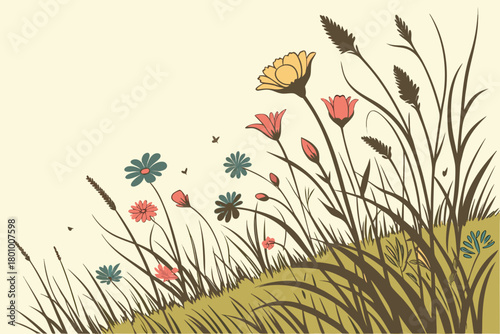 Realistic spring meadow with mixed flowers, windy grass movement, warm daylight