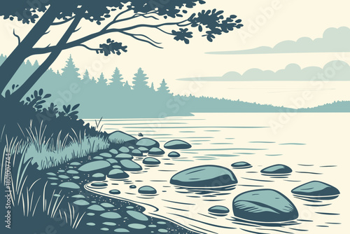 Serene lakeshore with stones and shallow water textures, gentle ripples, distant forest line