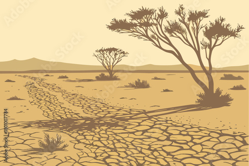 Desert plain with textured dry soil, scattered shrubs, realistic late-afternoon lighting