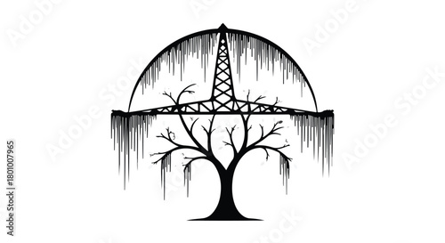 Symbolic silhouette of an oil rig emerging from a barren tree under a weeping canopy.