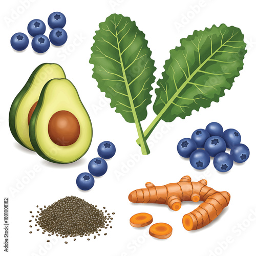 Collection of diverse superfoods promoting a healthy lifestyle fresh blueberries, green kale, ripe avocado, chia seeds, and turmeric root for optimal nutrition