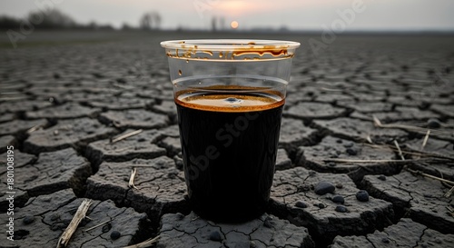 A close-up of a glass of dark coffee placed on cracked dry earth with a sunset in the background, illustrating the contrast between nature and beverage