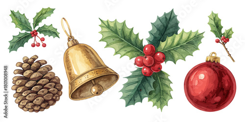 Vector  christmas  watercolor christmas elements including pinecone bell holly and ornament