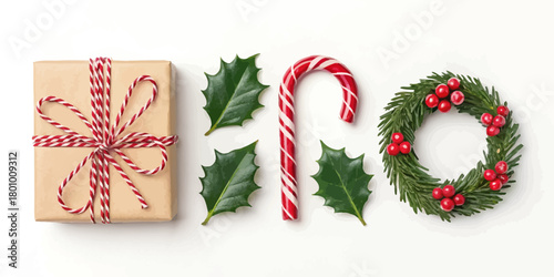 Vector  christmas  christmas arrangement of gift box holly leaves candy cane and wreath