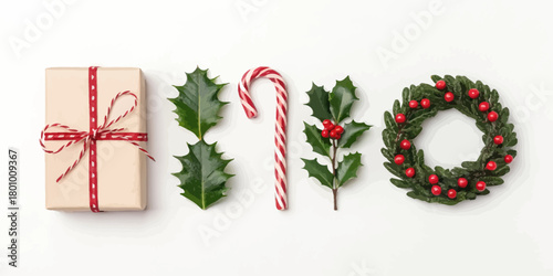 Vector  christmas  a christmas arrangement with gift box candy cane and holly wreath