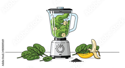 Healthy green smoothie preparation in a blender, featuring fresh spinach, sweet bananas, and a dash of nutrient-rich powder, ideal for a wellness boost