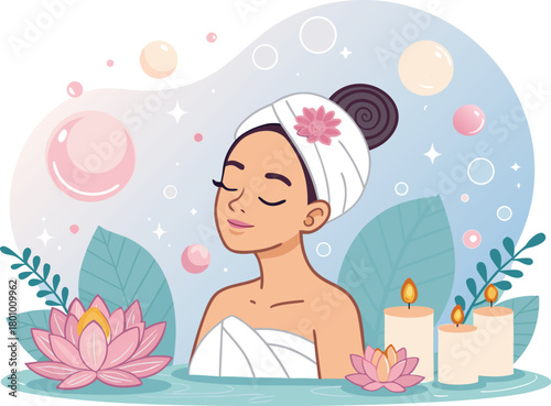 Spa center service flat vector illustrations set. Beauty salon visitors and workers cartoon characters. Wellness center procedures and equipment pack. Hot stone massage, foot bath and facial masks.	