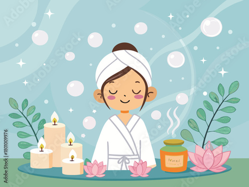 Spa center service flat vector illustrations set. Beauty salon visitors and workers cartoon characters. Wellness center procedures and equipment pack. Hot stone massage, foot bath and facial masks.	