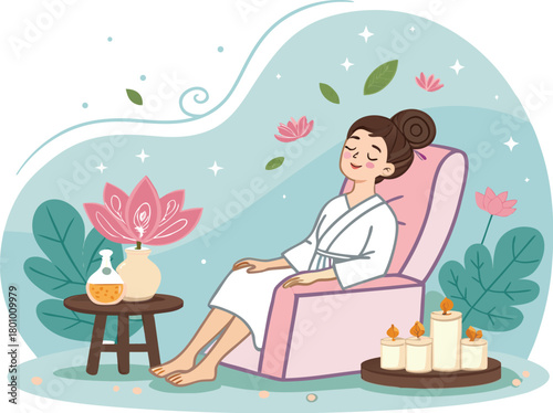 Spa center service flat vector illustrations set. Beauty salon visitors and workers cartoon characters. Wellness center procedures and equipment pack. Hot stone massage, foot bath and facial masks.	
