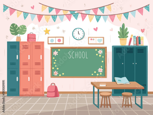 Back To School concept with happy schoolgirl wearing a backpack surrounded by stationery supplies, colored vector illustration