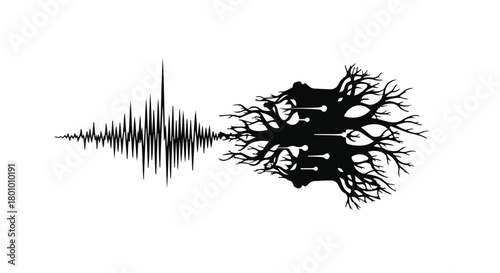 Abstract representation of sound waves transforming into a tree silhouette, symbolizing growth and connection.