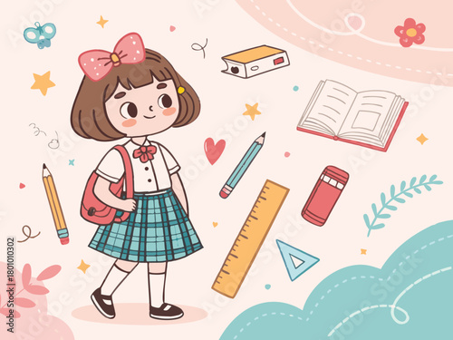 Back To School concept with happy schoolgirl wearing a backpack surrounded by stationery supplies, colored vector illustration