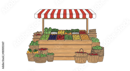 Vibrant outdoor market stall with a wide selection of fresh, healthy fruits and vegetables, featuring a colorful striped canopy and wooden crates full of produce for a wholesome shopping experience