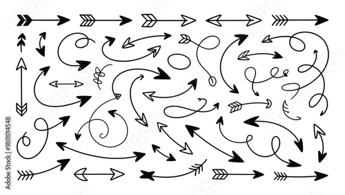Collection of hand drawn doodle arrows in various styles and directions