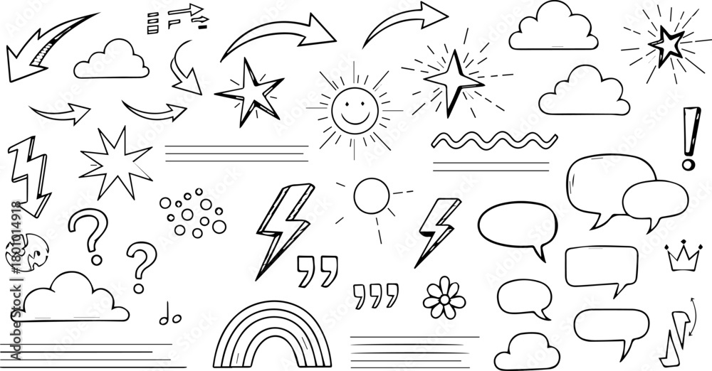 Obraz premium A set of handdrawn doodle elements, including arrows, clouds, stars, and speech bubbles, perfect for adding a playful touch to your designs isolated on