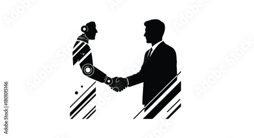 Futuristic handshake between a businessman and a robot symbolizing technological partnership and innovation