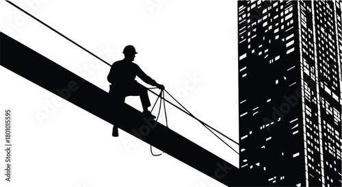 Skilled construction worker rappels down a tall skyscraper, highlighting urban development and daring careers.