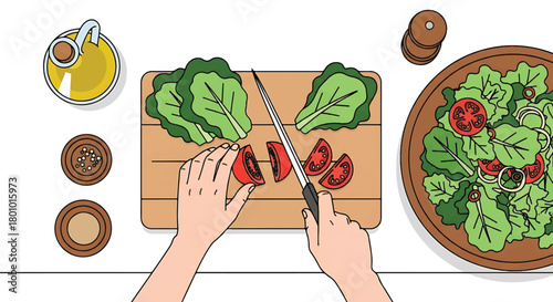 Overhead Perspective of Hands Chopping Fresh Tomatoes on a Wooden Cutting Board for a Healthy Green Salad with Olive Oil and Spices