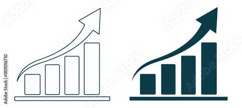 Two simple graphic representations of a rising bar chart with an upward trending arrow indicating growth and success