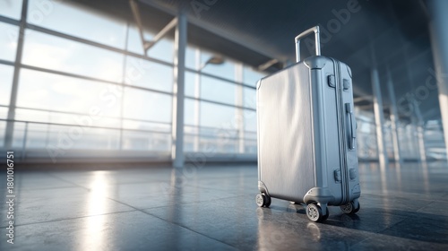 A sleek, modern suitcase stands alone in a bright airport terminal, reflecting light on the polished floor, symbolizing travel and adventure.