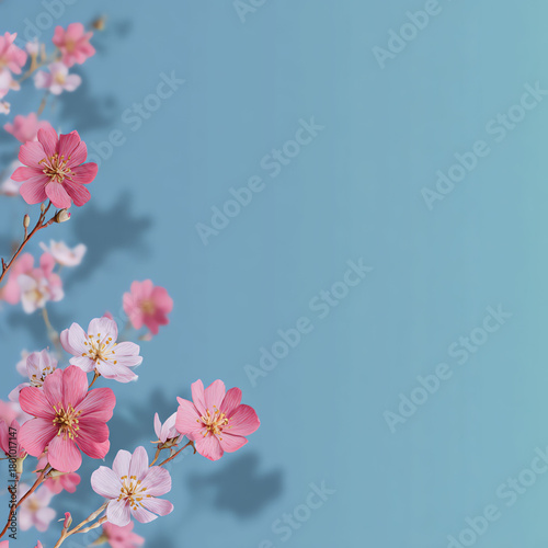 Blooming Pink Flowers on Blue Background with Copy Space for Design