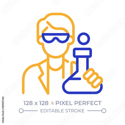 Scientist pixel perfect two color line icon. Man chemist holding flask of liquid. Specialist conducting testing bicolor outline symbol. Duotone linear pictogram. Isolated illustration. Editable stroke