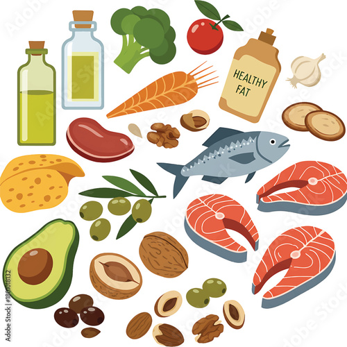 Essential Healthy Fats and Nutrient-Rich Food Sources for a Balanced Diet. Collection of Illustrations Featuring Avocados, Nuts, Seeds, Fish, Olive Oil, and Vegetables for Optimal Health and Wellness