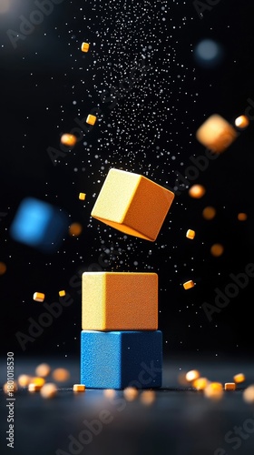 A stack of blue and orange cubes is surrounded by falling particles and scattered smaller cubes against a dark background.