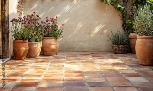 Mediterranean patio terracotta tiles, potted plants