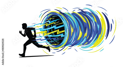 Silhouette of a person running into a vibrant swirling vortex of energy and light