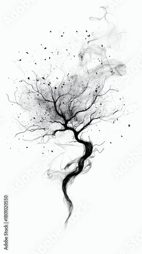 A stylized, dark tree silhouette emerges from swirling smoke and scattered particles against a stark white backdrop.