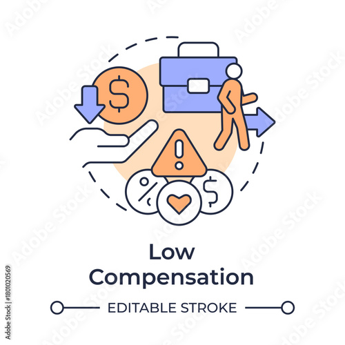 Low compensation multi color concept icon. Uncompetitive pay. Cause of voluntary employee turnover. Round shape line illustration. Abstract idea. Graphic design. Easy to use in promotional material,